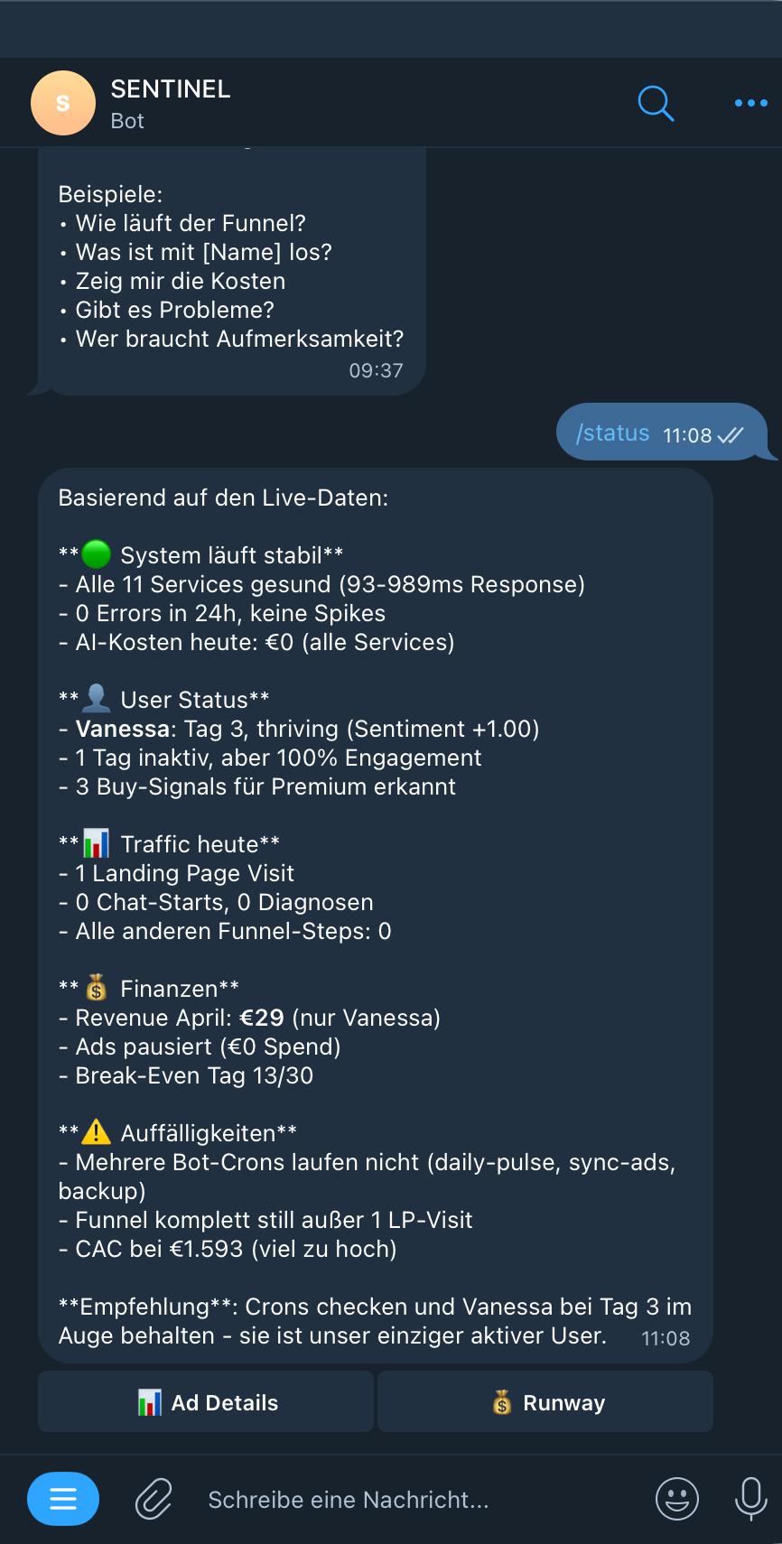 SENTINEL Telegram Chat — Live Status, User Intelligence, Traffic, Finanzen, Quick-Action Buttons